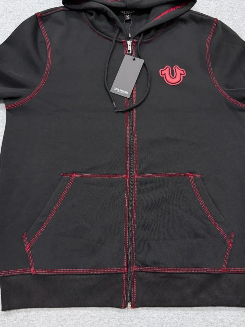 True Religion Mens TNL Puff Buddha Full Zip Hoodie Large L Black Red Stitch NWT